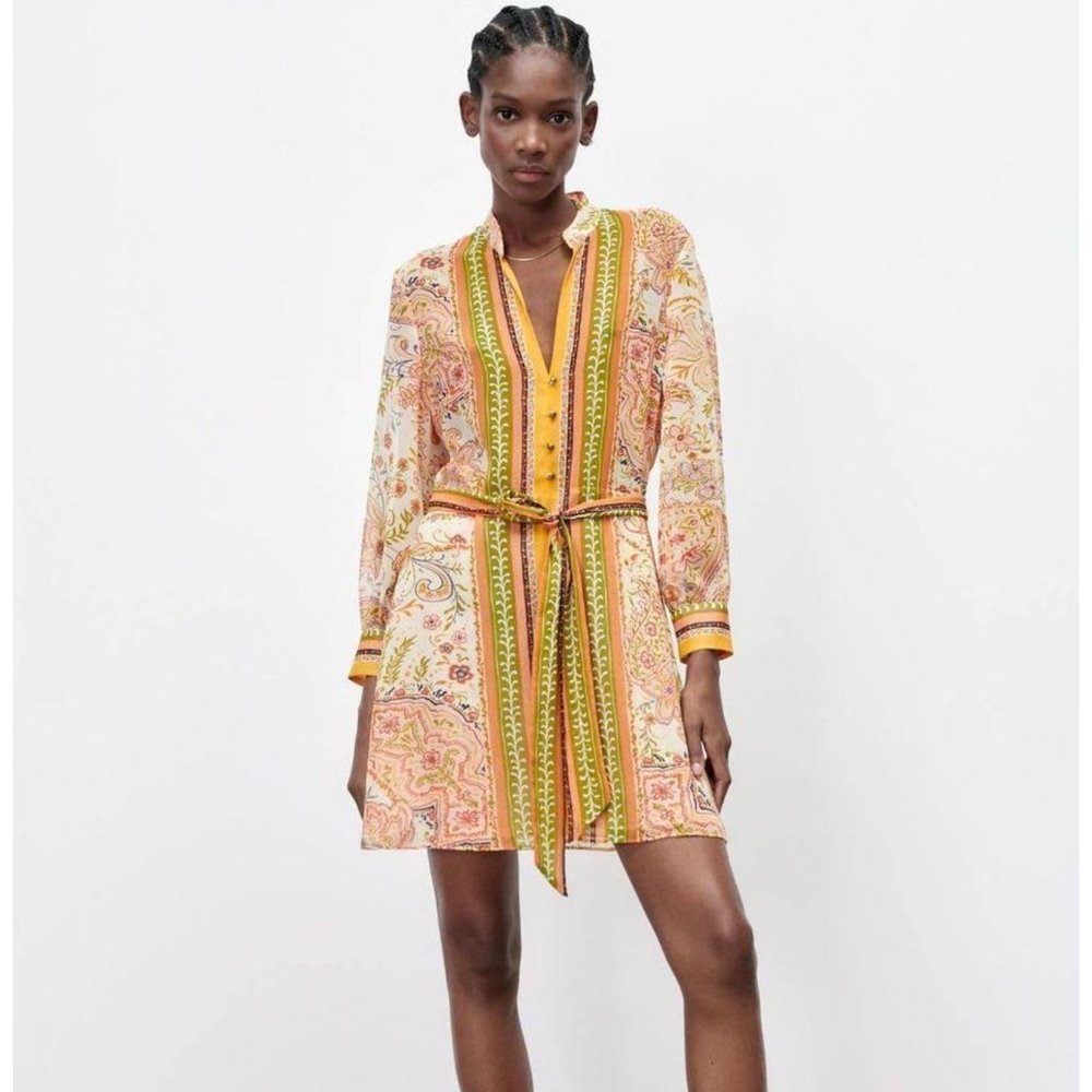 Zara Multicolor Shirt Dress Belted Mixed Prints Sheer Long Sleeve XL